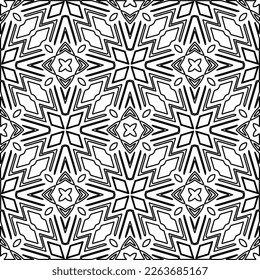 Monochrome ornamental texture with smooth linear shapes, zigzag lines, lace pattern.Abstract geometric black and white pattern for web page, textures, card, poster, fabric, textile.
