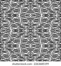  Monochrome ornamental texture with smooth linear shapes, zigzag lines, lace pattern.Abstract geometric black and white pattern for web page, textures, card, poster, fabric, textile.