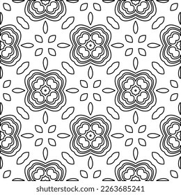 Textura ornamental monocroma con formas lineales lisas, líneas de zigzag, patrón de encaje.Resumen de patrón geométrico en blanco y negro para página web, texturas, tarjeta, afiche, tela, textil.