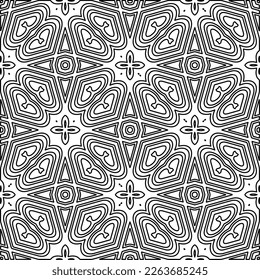 Textura ornamental monocroma con formas lineales lisas, líneas de zigzag, patrón de encaje.Resumen de patrón geométrico en blanco y negro para página web, texturas, tarjeta, afiche, tela, textil.
