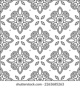  Monochrome ornamental texture with smooth linear shapes, zigzag lines, lace pattern.Abstract geometric black and white pattern for web page, textures, card, poster, fabric, textile.