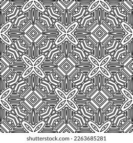  Monochrome ornamental texture with smooth linear shapes, zigzag lines, lace pattern.Abstract geometric black and white pattern for web page, textures, card, poster, fabric, textile.