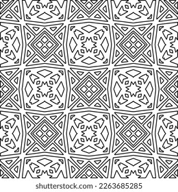  Monochrome ornamental texture with smooth linear shapes, zigzag lines, lace pattern.Abstract geometric black and white pattern for web page, textures, card, poster, fabric, textile.