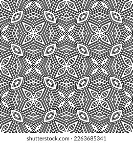  Monochrome ornamental texture with smooth linear shapes, zigzag lines, lace pattern.Abstract geometric black and white pattern for web page, textures, card, poster, fabric, textile.