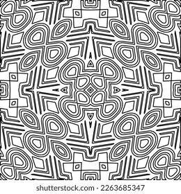  Textura ornamental monocroma con formas lineales lisas, líneas de zigzag, patrón de encaje.Resumen de patrón geométrico en blanco y negro para página web, texturas, tarjeta, afiche, tela, textil.