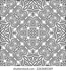  Monochrome ornamental texture with smooth linear shapes, zigzag lines, lace pattern.Abstract geometric black and white pattern for web page, textures, card, poster, fabric, textile.