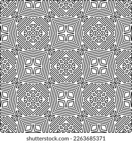  Monochrome ornamental texture with smooth linear shapes, zigzag lines, lace pattern.Abstract geometric black and white pattern for web page, textures, card, poster, fabric, textile.