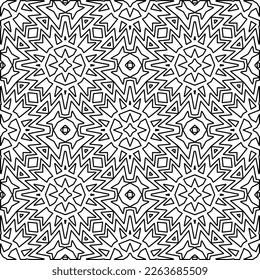  Monochrome Ziertextur mit glatten linearen Formen, Zickzacklinien, Spitzen-Muster.Abstraktes geometrisches Schwarz-Weiß Muster für Webseiten, Texturen, Karten, Poster, Gewebe, Textilien.