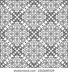 Monochrome ornamental texture with smooth linear shapes, zigzag lines, lace pattern.Abstract geometric black and white pattern for web page, textures, card, poster, fabric, textile.
