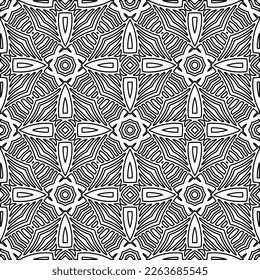  Monochrome ornamental texture with smooth linear shapes, zigzag lines, lace pattern.Abstract geometric black and white pattern for web page, textures, card, poster, fabric, textile.