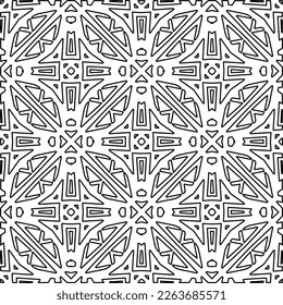  Monochrome ornamental texture with smooth linear shapes, zigzag lines, lace pattern.Abstract geometric black and white pattern for web page, textures, card, poster, fabric, textile.