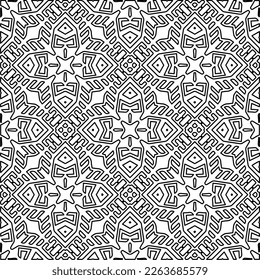  Monochrome ornamental texture with smooth linear shapes, zigzag lines, lace pattern.Abstract geometric black and white pattern for web page, textures, card, poster, fabric, textile.
