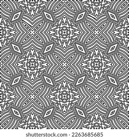  Monochrome ornamental texture with smooth linear shapes, zigzag lines, lace pattern.Abstract geometric black and white pattern for web page, textures, card, poster, fabric, textile.