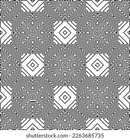 Textura ornamental monocroma con formas lineales lisas, líneas de zigzag, patrón de encaje.Resumen de patrón geométrico en blanco y negro para página web, texturas, tarjeta, afiche, tela, textil.