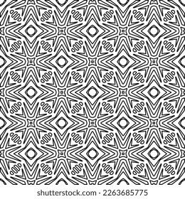 Monochrome ornamental texture with smooth linear shapes, zigzag lines, lace pattern.Abstract geometric black and white pattern for web page, textures, card, poster, fabric, textile.