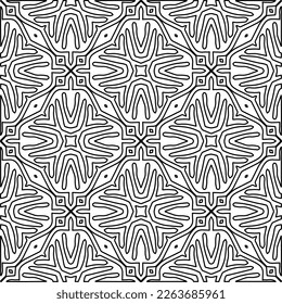  Monochrome ornamental texture with smooth linear shapes, zigzag lines, lace pattern.Abstract geometric black and white pattern for web page, textures, card, poster, fabric, textile.