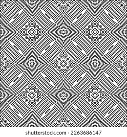  Textura ornamental monocroma con formas lineales lisas, líneas de zigzag, patrón de encaje.Resumen de patrón geométrico en blanco y negro para página web, texturas, tarjeta, afiche, tela, textil.