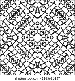  Textura ornamental monocroma con formas lineales lisas, líneas de zigzag, patrón de encaje.Resumen de patrón geométrico en blanco y negro para página web, texturas, tarjeta, afiche, tela, textil.