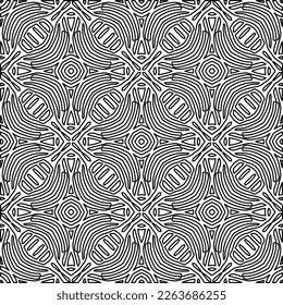  Monochrome ornamental texture with smooth linear shapes, zigzag lines, lace pattern.Abstract geometric black and white pattern for web page, textures, card, poster, fabric, textile.