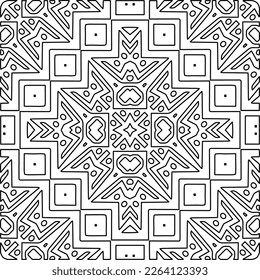  Monochrome Ziertextur mit glatten linearen Formen, Zickzacklinien, Spitzen-Muster.Abstrakte geometrische Schwarz-Weiß-Mandala für Webseiten, Texturen, Karten, Plakate, Gewebe, Textilien.