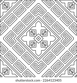  Monochrome ornamental texture with smooth linear shapes, zigzag lines, lace pattern.Abstract geometric black and white mandala for web page, textures, card, poster, fabric, textile.