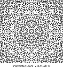  Monochrome ornamental texture with smooth linear shapes, zigzag lines, lace pattern.Abstract geometric black and white mandala for web page, textures, card, poster, fabric, textile.