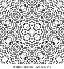  Monochrome ornamental texture with smooth linear shapes, zigzag lines, lace pattern.Abstract geometric black and white mandala for web page, textures, card, poster, fabric, textile.