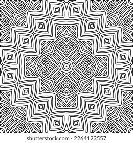  Monochrome ornamental texture with smooth linear shapes, zigzag lines, lace pattern.Abstract geometric black and white mandala for web page, textures, card, poster, fabric, textile.