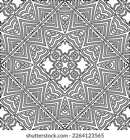  Monochrome ornamental texture with smooth linear shapes, zigzag lines, lace pattern.Abstract geometric black and white mandala for web page, textures, card, poster, fabric, textile.