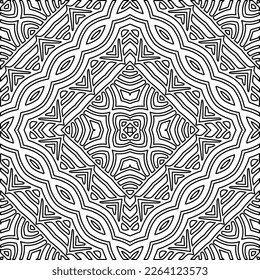  Monochrome ornamental texture with smooth linear shapes, zigzag lines, lace pattern.Abstract geometric black and white mandala for web page, textures, card, poster, fabric, textile.