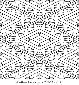  Monochrome ornamental texture with smooth linear shapes, zigzag lines, lace pattern.Abstract geometric black and white mandala for web page, textures, card, poster, fabric, textile.