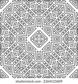  Monochrome ornamental texture with smooth linear shapes, zigzag lines, lace pattern.Abstract geometric black and white mandala for web page, textures, card, poster, fabric, textile.