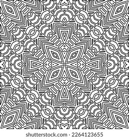 Textura ornamental monocroma con formas lineales lisas, líneas de zigzag, patrón de encaje.Mandala geométrica en blanco y negro para página web, texturas, tarjeta, afiche, tela, textil.