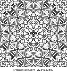  Monochrome ornamental texture with smooth linear shapes, zigzag lines, lace pattern.Abstract geometric black and white mandala for web page, textures, card, poster, fabric, textile.