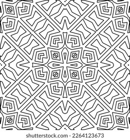  Monochrome ornamental texture with smooth linear shapes, zigzag lines, lace pattern.Abstract geometric black and white mandala for web page, textures, card, poster, fabric, textile.