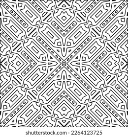  Monochrome ornamental texture with smooth linear shapes, zigzag lines, lace pattern.Abstract geometric black and white mandala for web page, textures, card, poster, fabric, textile.