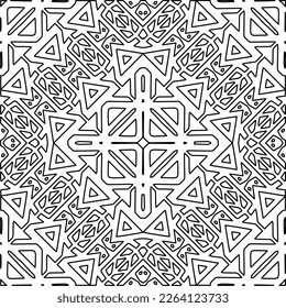  Monochrome ornamental texture with smooth linear shapes, zigzag lines, lace pattern.Abstract geometric black and white mandala for web page, textures, card, poster, fabric, textile.