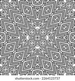  Monochrome ornamental texture with smooth linear shapes, zigzag lines, lace pattern.Abstract geometric black and white mandala for web page, textures, card, poster, fabric, textile.