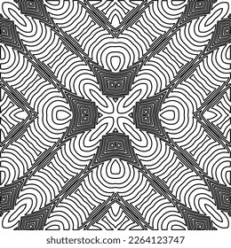  Monochrome ornamental texture with smooth linear shapes, zigzag lines, lace pattern.Abstract geometric black and white mandala for web page, textures, card, poster, fabric, textile.