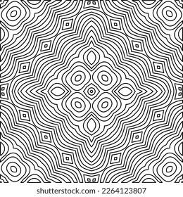  Monochrome ornamental texture with smooth linear shapes, zigzag lines, lace pattern.Abstract geometric black and white mandala for web page, textures, card, poster, fabric, textile.