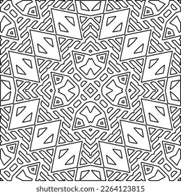  Monochrome ornamental texture with smooth linear shapes, zigzag lines, lace pattern.Abstract geometric black and white mandala for web page, textures, card, poster, fabric, textile.