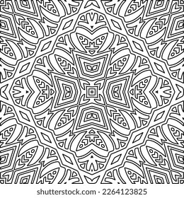  Monochrome ornamental texture with smooth linear shapes, zigzag lines, lace pattern.Abstract geometric black and white mandala for web page, textures, card, poster, fabric, textile.
