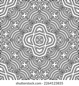  Monochrome Ziertextur mit glatten linearen Formen, Zickzacklinien, Spitzen-Muster.Abstrakte geometrische Schwarz-Weiß-Mandala für Webseiten, Texturen, Karten, Plakate, Gewebe, Textilien.