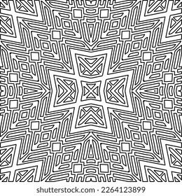  Textura ornamental monocroma con formas lineales lisas, líneas de zigzag, patrón de encaje.Mandala geométrica en blanco y negro para página web, texturas, tarjeta, afiche, tela, textil.