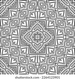  Monochrome ornamental texture with smooth linear shapes, zigzag lines, lace pattern.Abstract geometric black and white mandala for web page, textures, card, poster, fabric, textile.