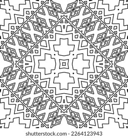  Monochrome ornamental texture with smooth linear shapes, zigzag lines, lace pattern.Abstract geometric black and white mandala for web page, textures, card, poster, fabric, textile.