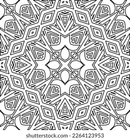  Monochrome ornamental texture with smooth linear shapes, zigzag lines, lace pattern.Abstract geometric black and white mandala for web page, textures, card, poster, fabric, textile.