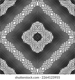  Monochrome ornamental texture with smooth linear shapes, zigzag lines, lace pattern.Abstract geometric black and white mandala for web page, textures, card, poster, fabric, textile.