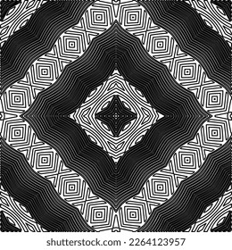  Monochrome ornamental texture with smooth linear shapes, zigzag lines, lace pattern.Abstract geometric black and white mandala for web page, textures, card, poster, fabric, textile.