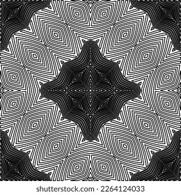  Monochrome ornamental texture with smooth linear shapes, zigzag lines, lace pattern.Abstract geometric black and white mandala for web page, textures, card, poster, fabric, textile.